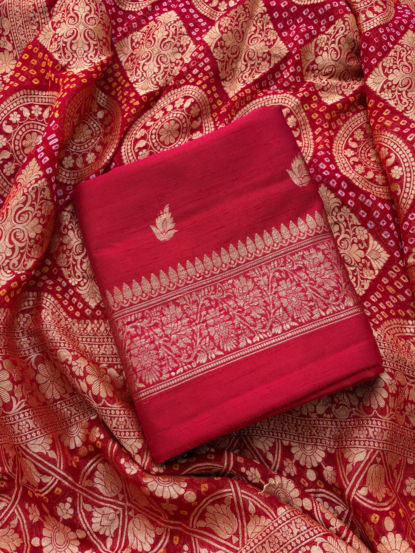 Red raw silk suit with bandhani dupatta