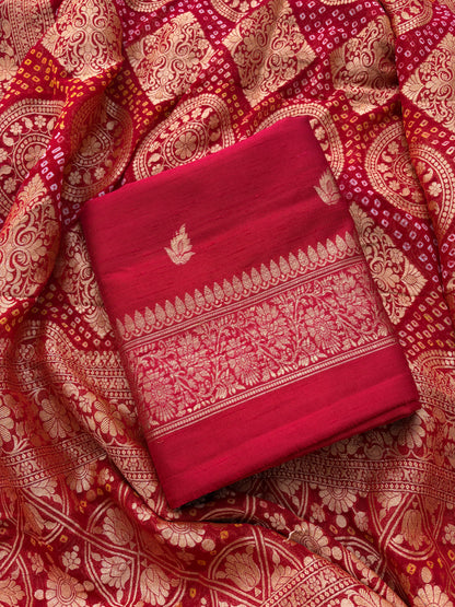 Red raw silk suit with bandhani dupatta