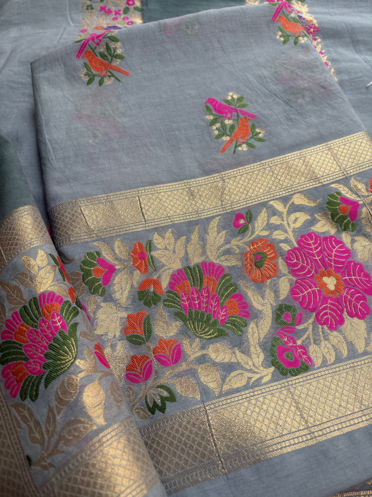 Grey meenadar Chanderi cotton 3 piece suit set