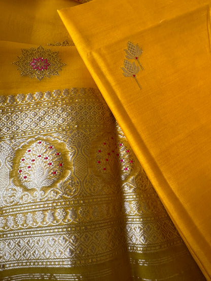 Yellow chiniya silk kurta, kora kadhwa dupatta 3 piece set