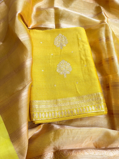 Lime yellow moonga silk kurta, bottom and tissue kadhwa dupatta