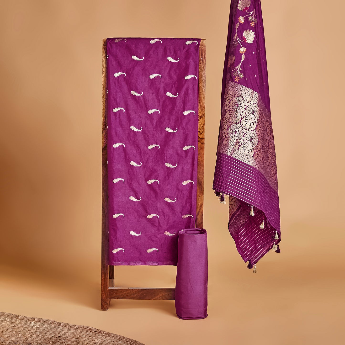 Magenta Cotton chiniya kurta, cotton chiniya dupatta, banarsi silk bottom