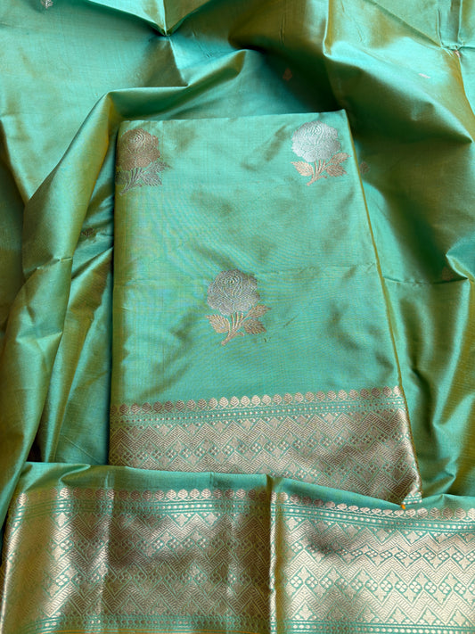 Green dhoop chau katan silk suit set