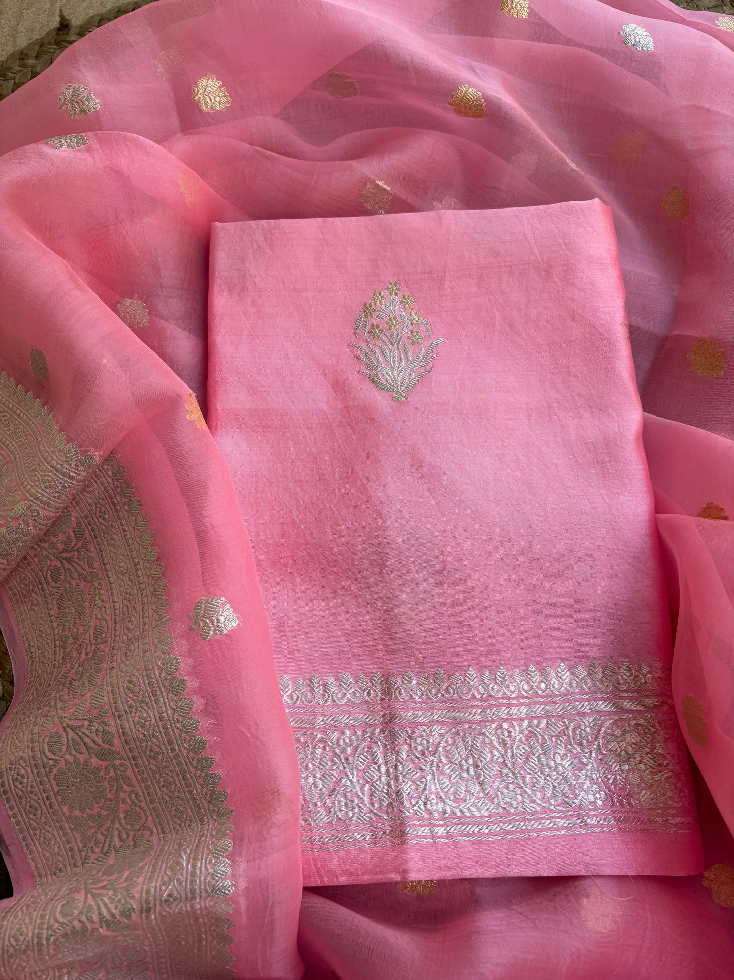 Pink pure silver zari chiniya kurta, kora dupatta, plain silk bottom.