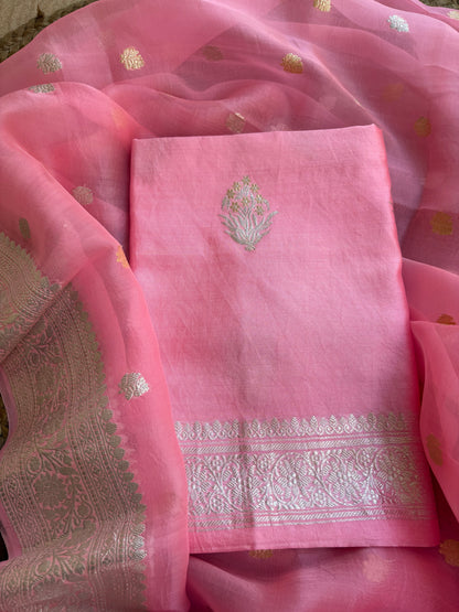 Pink pure silver zari chiniya kurta, kora dupatta, plain silk bottom.