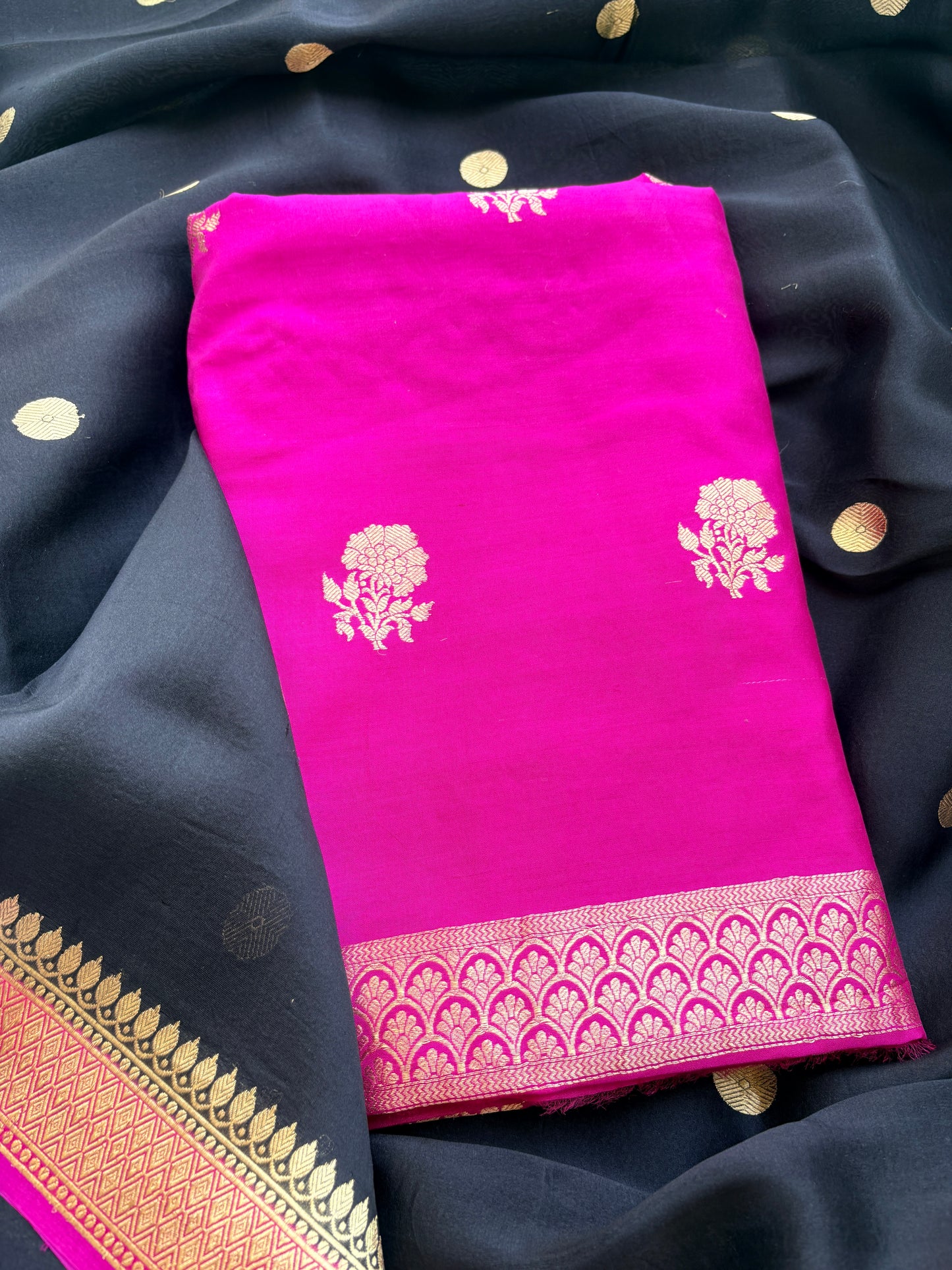 Pink chiniya silk kurta and shades kora silk dupatta