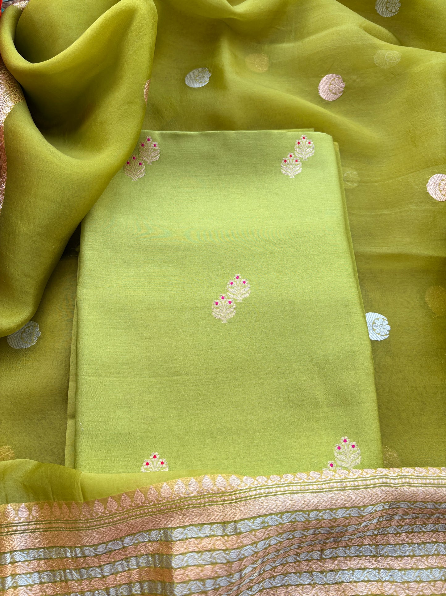 Green Chiniya silk kora suit set