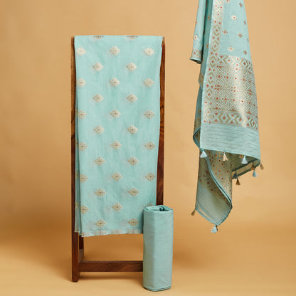 Light Blue Chanderi cotton jamdani style meenakari suit, weaving all over dupatta, plain bottom