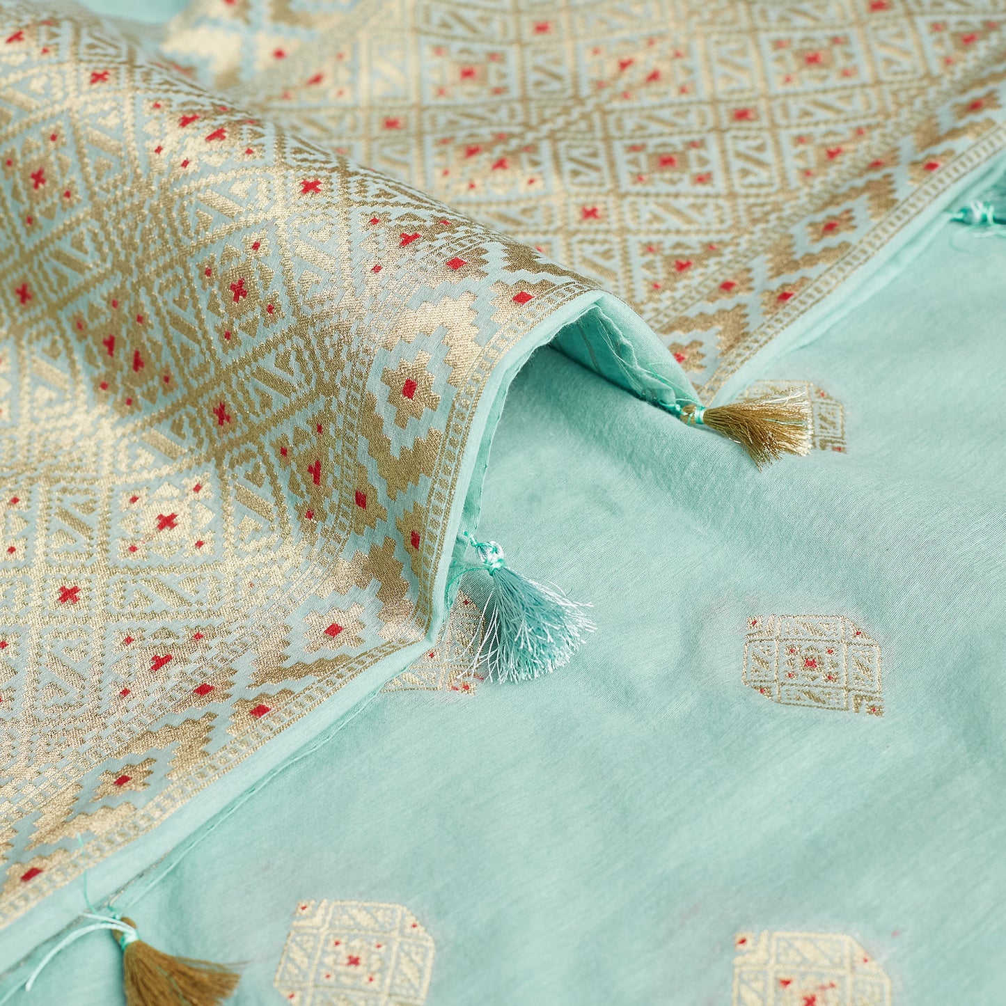 Light Blue Chanderi cotton jamdani style meenakari suit, weaving all over dupatta, plain bottom