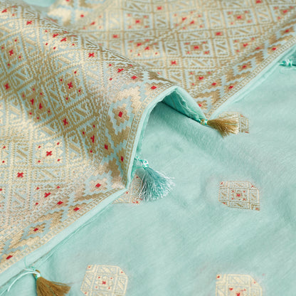 Light Blue Chanderi cotton jamdani style meenakari suit, weaving all over dupatta, plain bottom