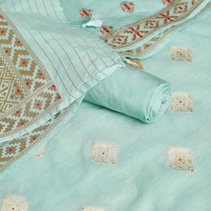 Light Blue Chanderi cotton jamdani style meenakari suit, weaving all over dupatta, plain bottom