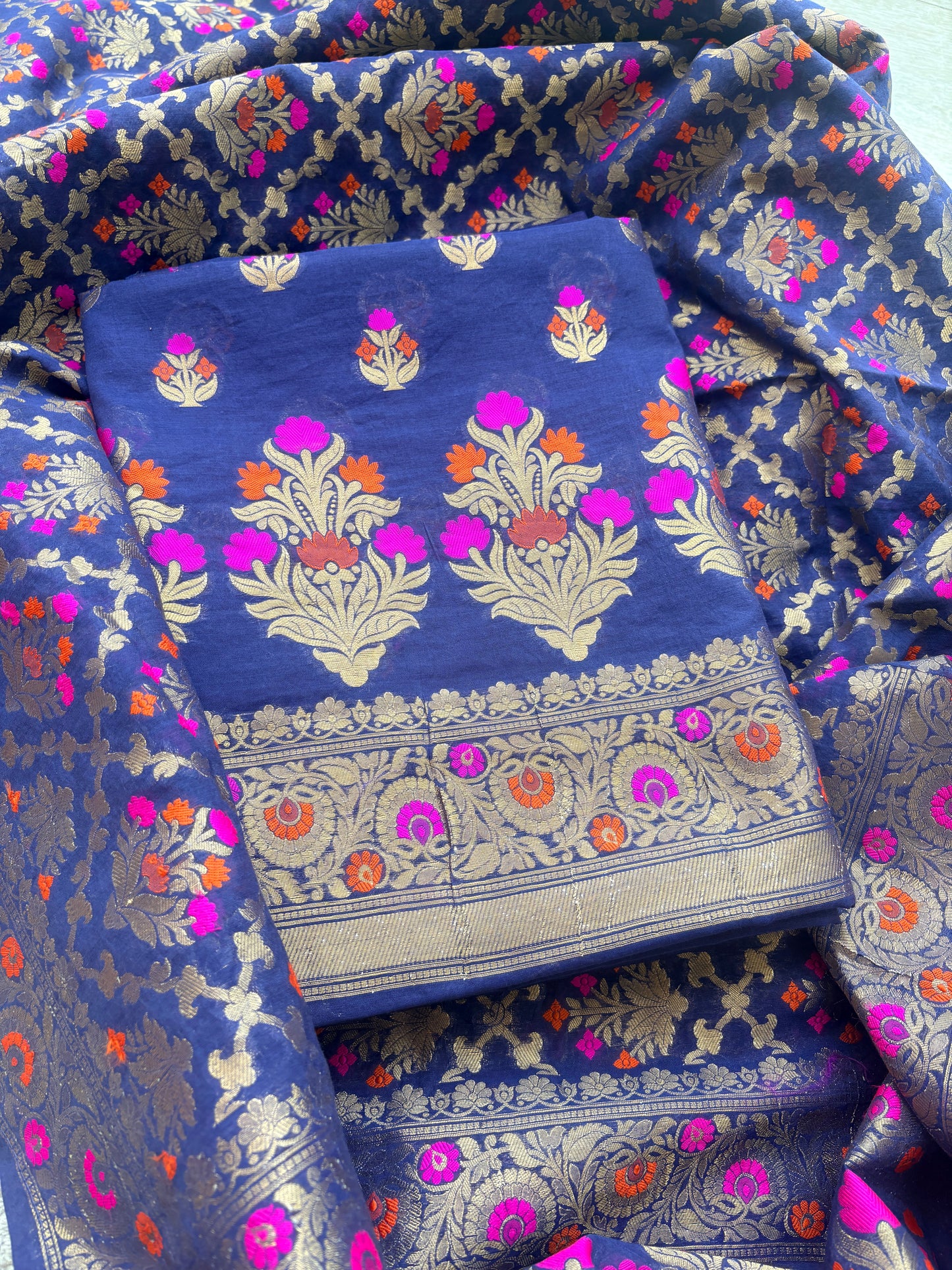 Blue Chanderi Resham zari heaving jaal dupatta suit set