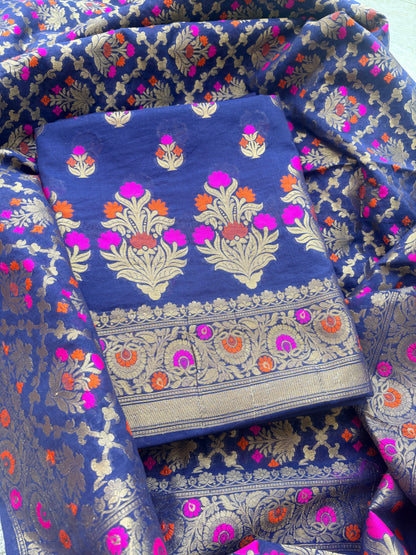 Blue Chanderi Resham zari heaving jaal dupatta suit set