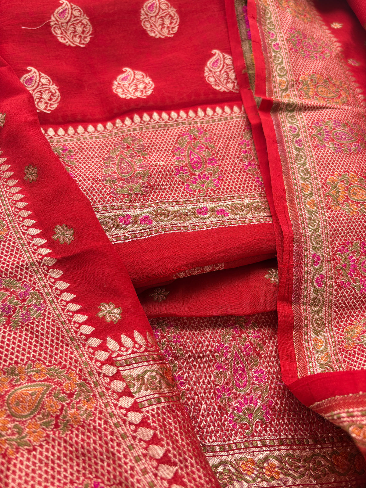 Red Khaddi chiffon meenadar suit set