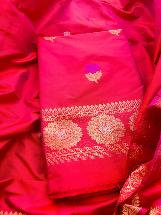 Red pink katan by katan silk kadhwa suit set