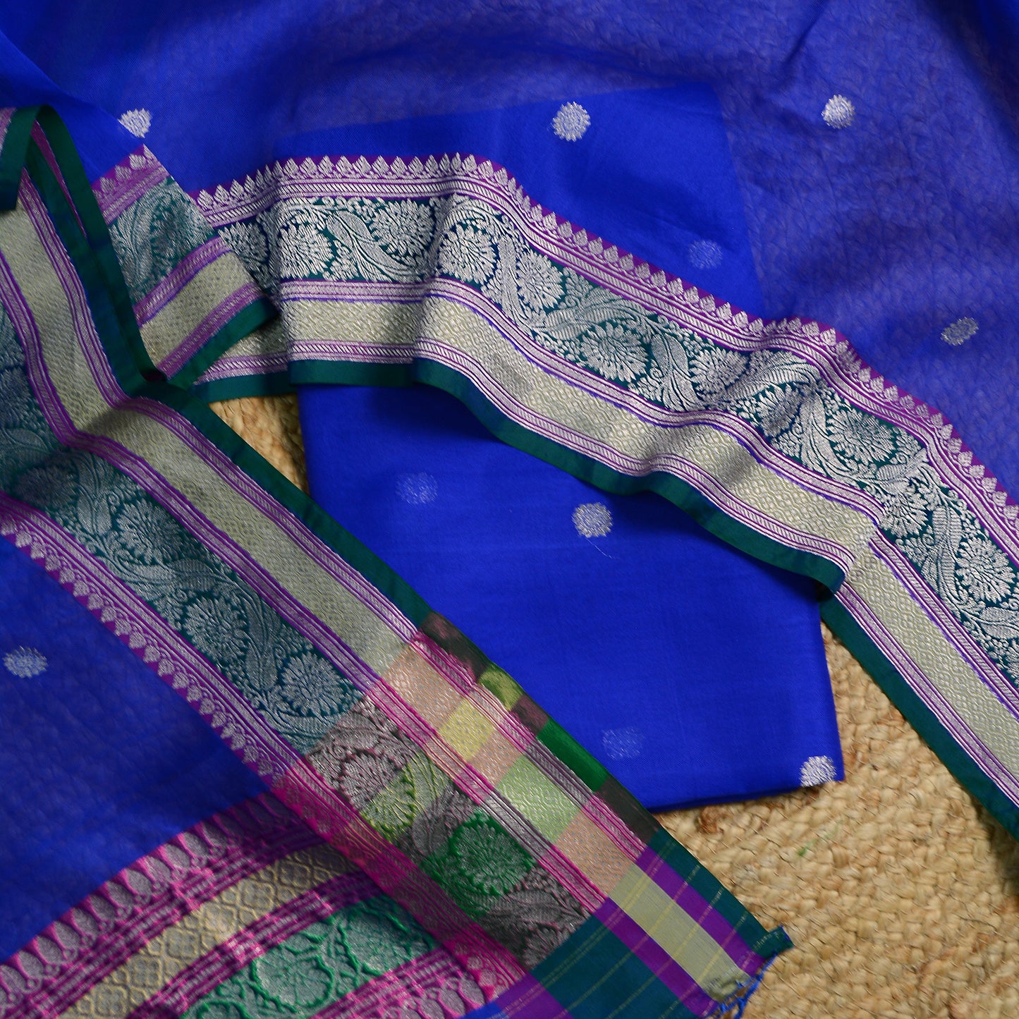 Blue kora silk suit with kadhwa meenadar dupatta