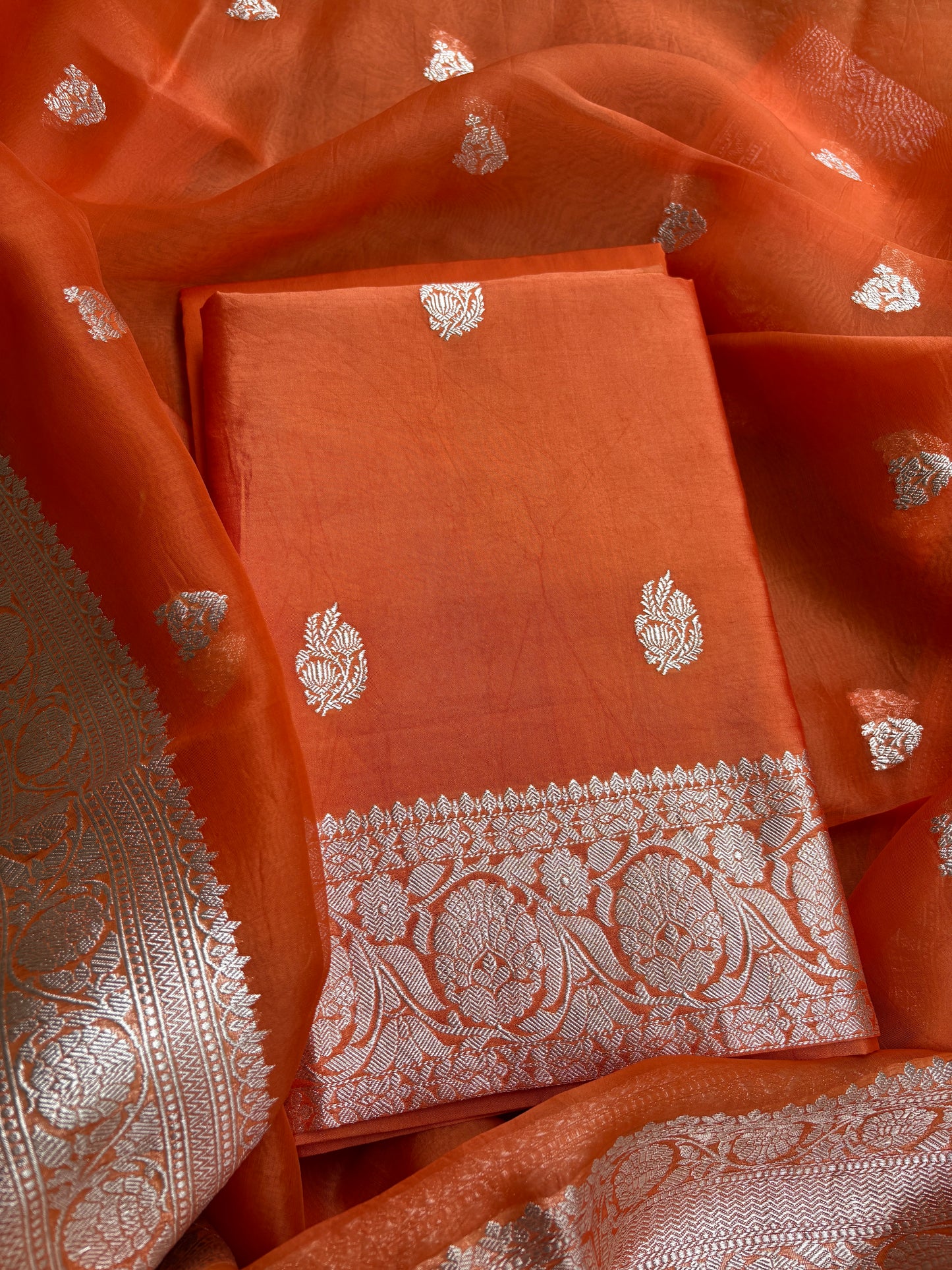 Orange Chiniya kora silver zari suit set