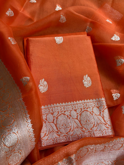 Orange Chiniya kora silver zari suit set