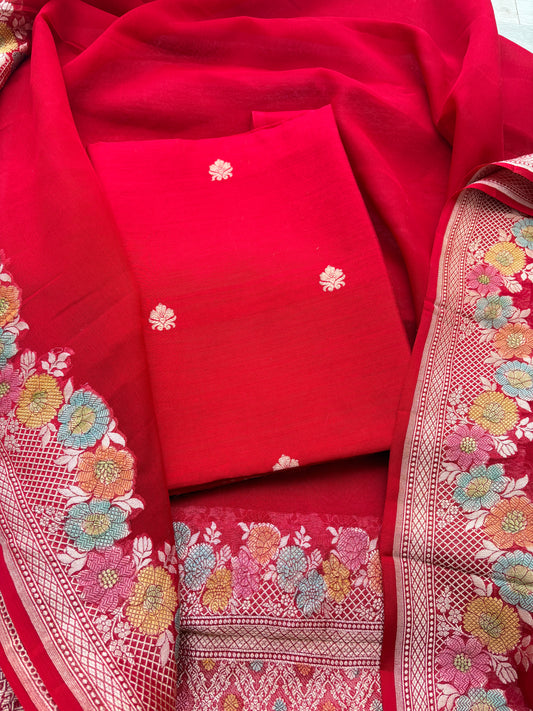 Red Chiniya silk suit set with Khaddi georgette dupatta