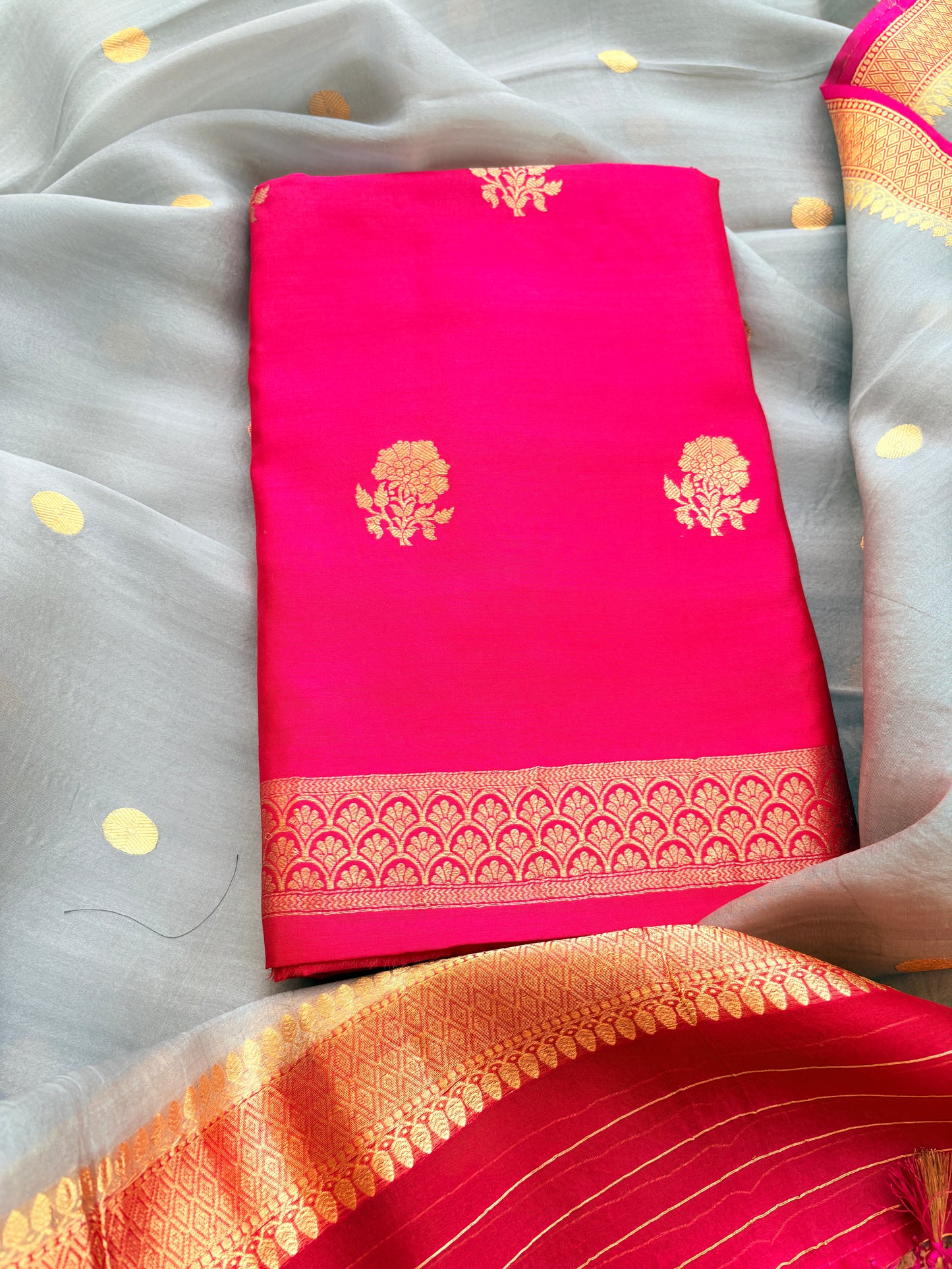 Pink chiniya silk kurta , bottom and kora silk dupatta