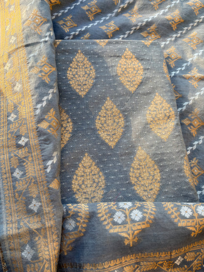 Grey Chanderi Jamdani weaving suit set