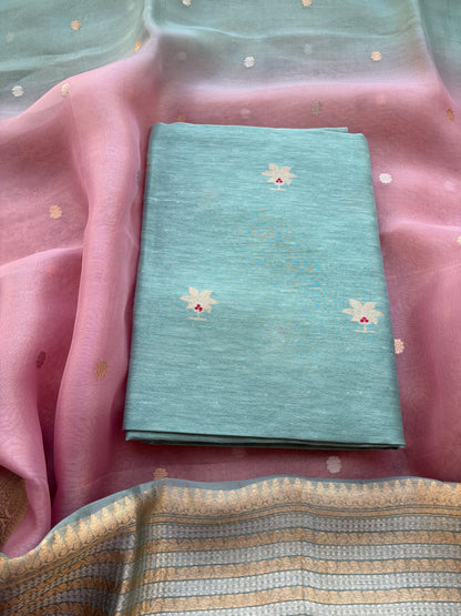 Blue linen silk kadhwa with kora silk shaded dupatta
