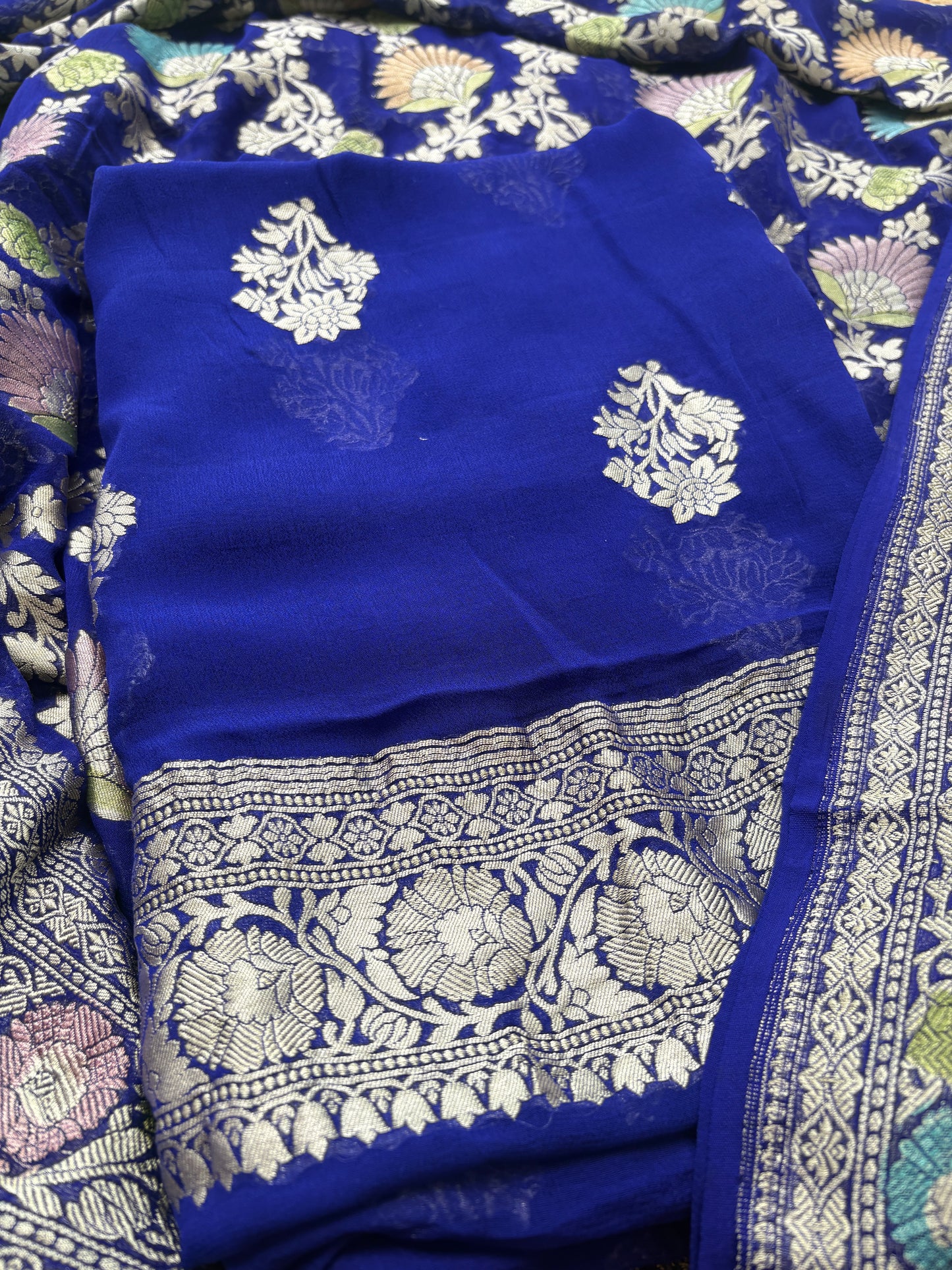 Blue Khaddi georgette suit set with meenadar dupatta