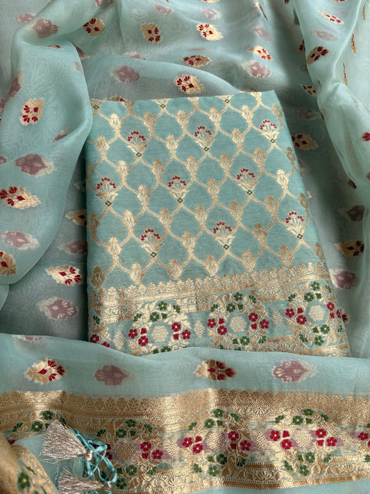 Blue moonga silk kurta, kora silk kadhwa dupatta , plain bottom