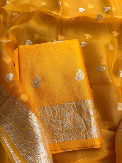 Yellow Chiniya silk silver zari suit set
