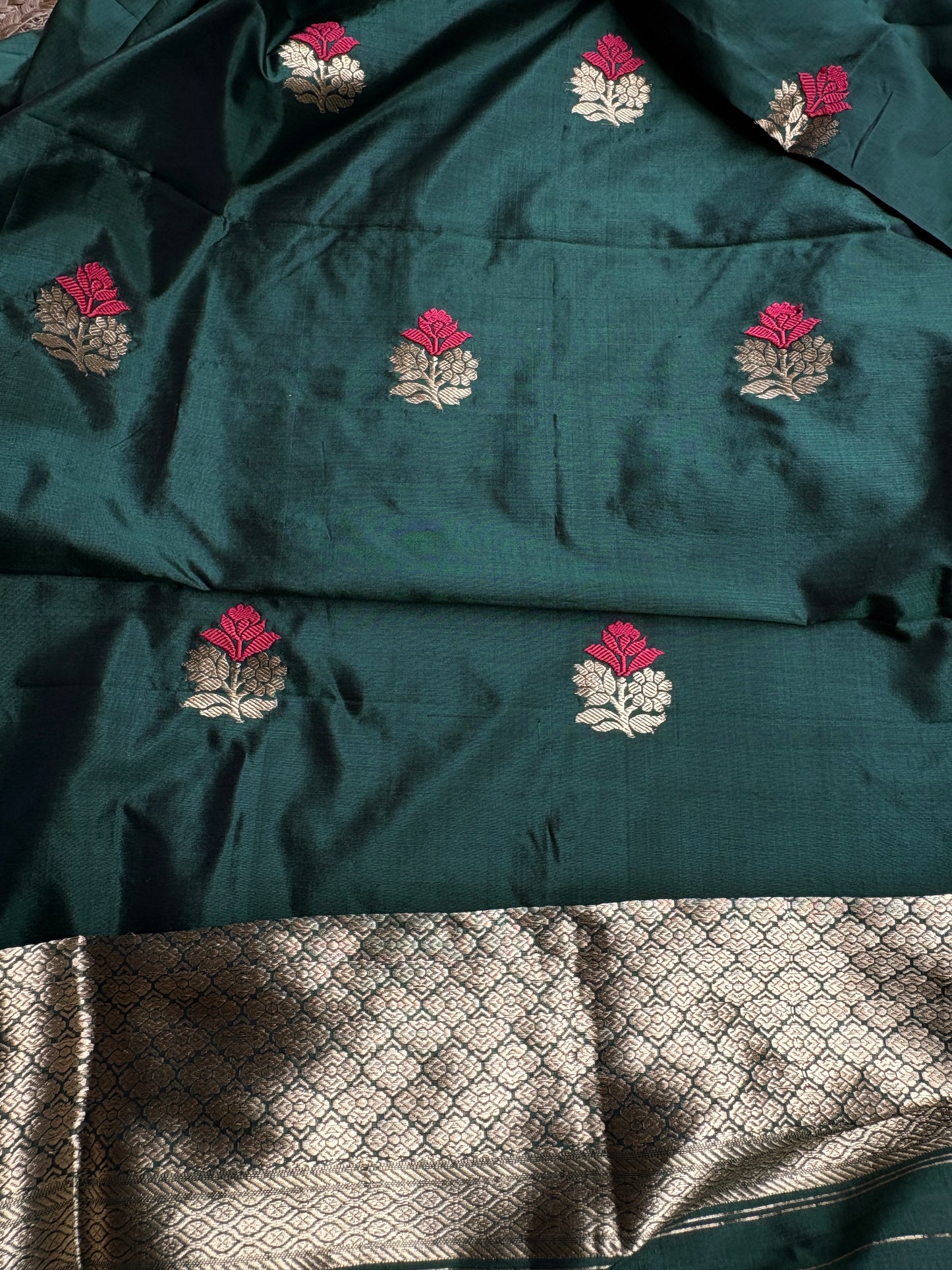 Green Chiniya silk kurta, bottom, katan silk kadhwa dupatta