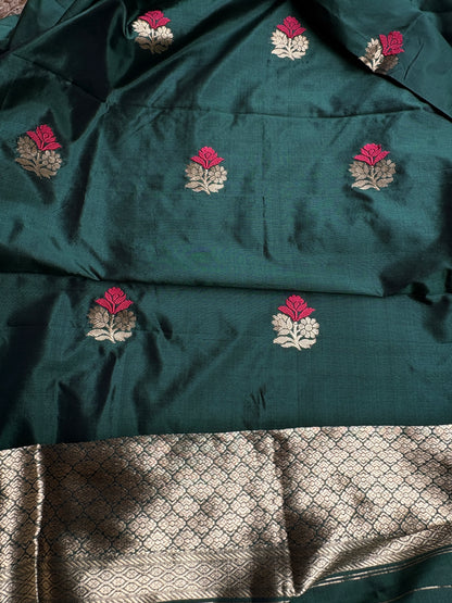 Green Chiniya silk kurta, bottom, katan silk kadhwa dupatta