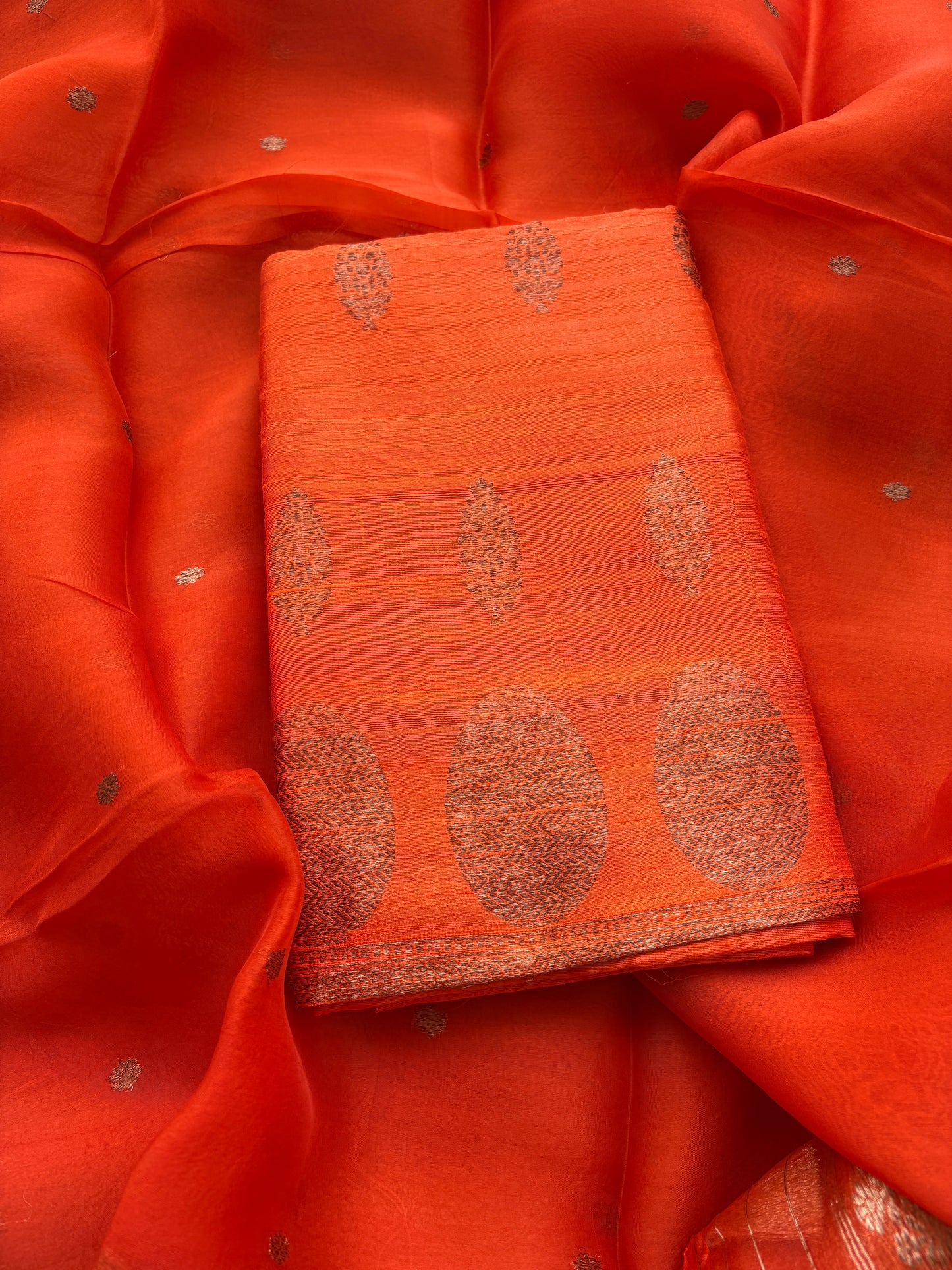 Orange raw silk suit set with Kora silk dupatta