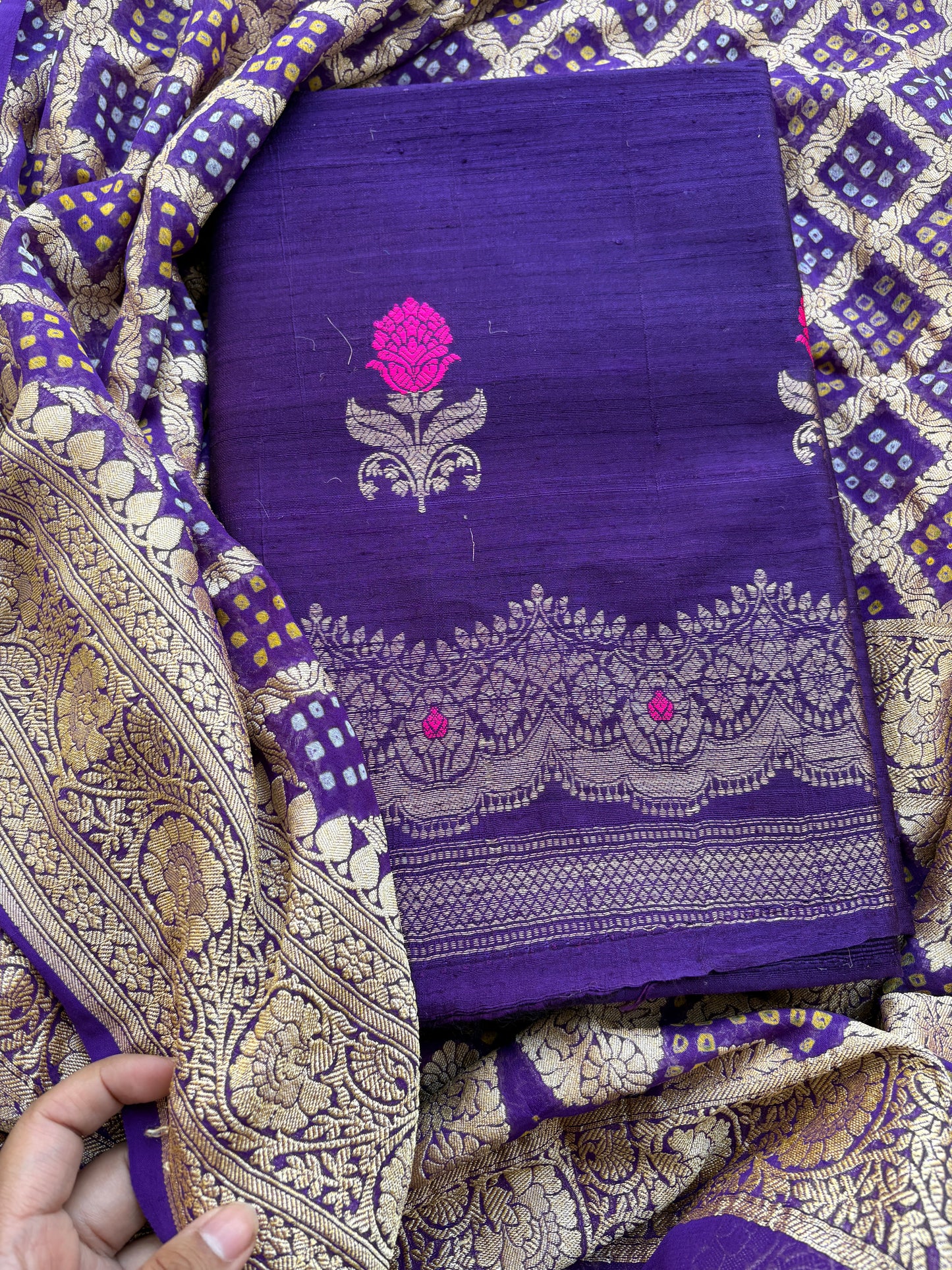 Purple raw silk kadhwa suit with Khaddi georgette dupatta