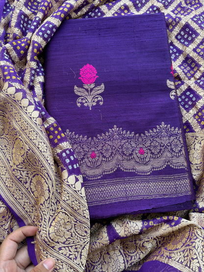 Purple raw silk kadhwa suit with Khaddi georgette dupatta