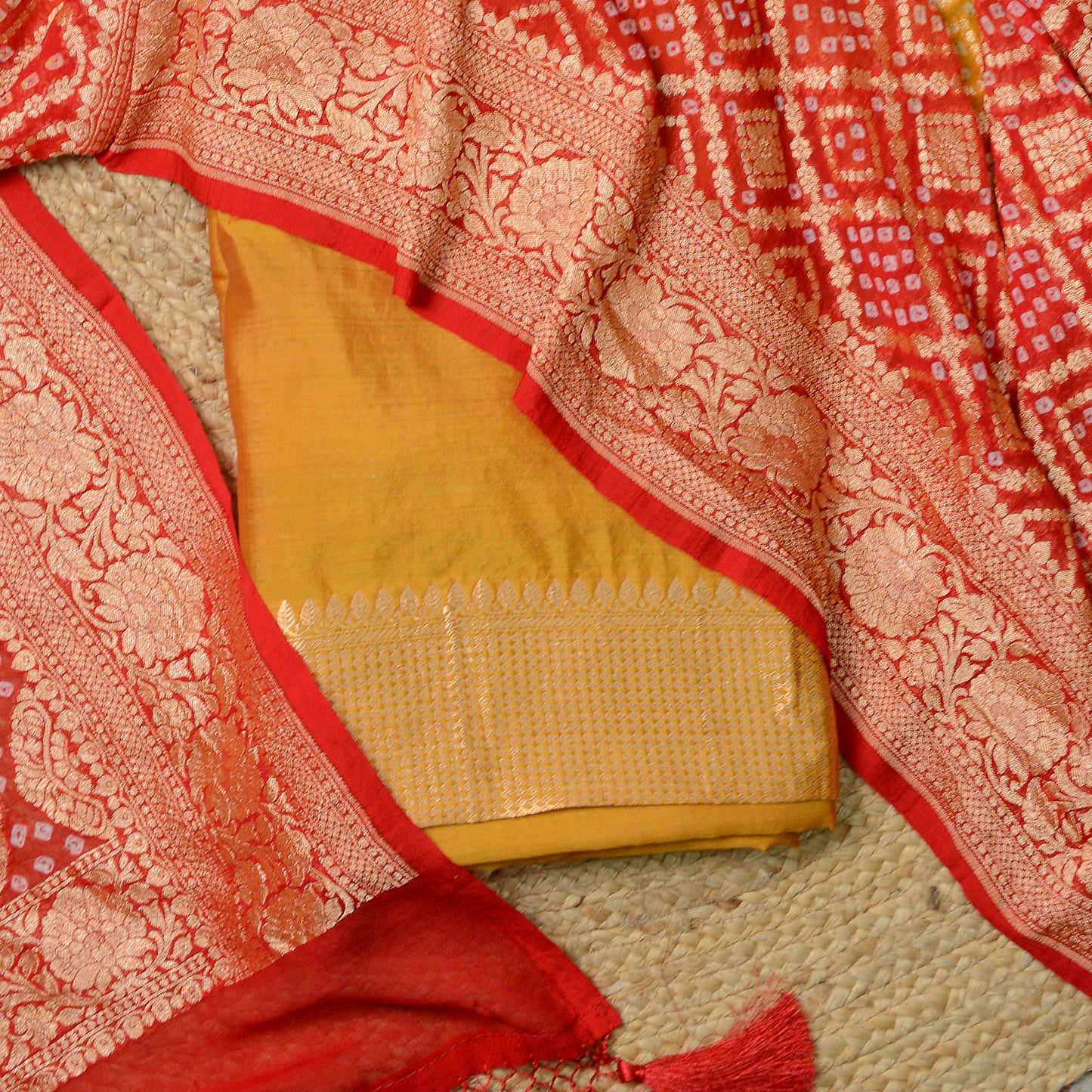 Mustard Chiniya silk suit with bandhani dupatta