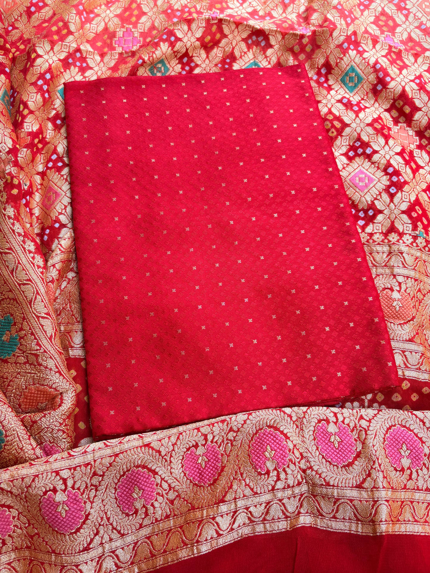 Red katan silk kurta with bandhani dupatta