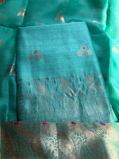 Blue raw silk Kurta, bottom , Kora silk deer motif dupatta