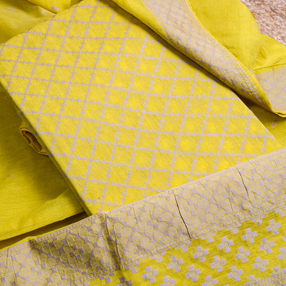 Lime yellow resham weaving suit set