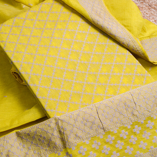 Lime yellow resham weaving suit set