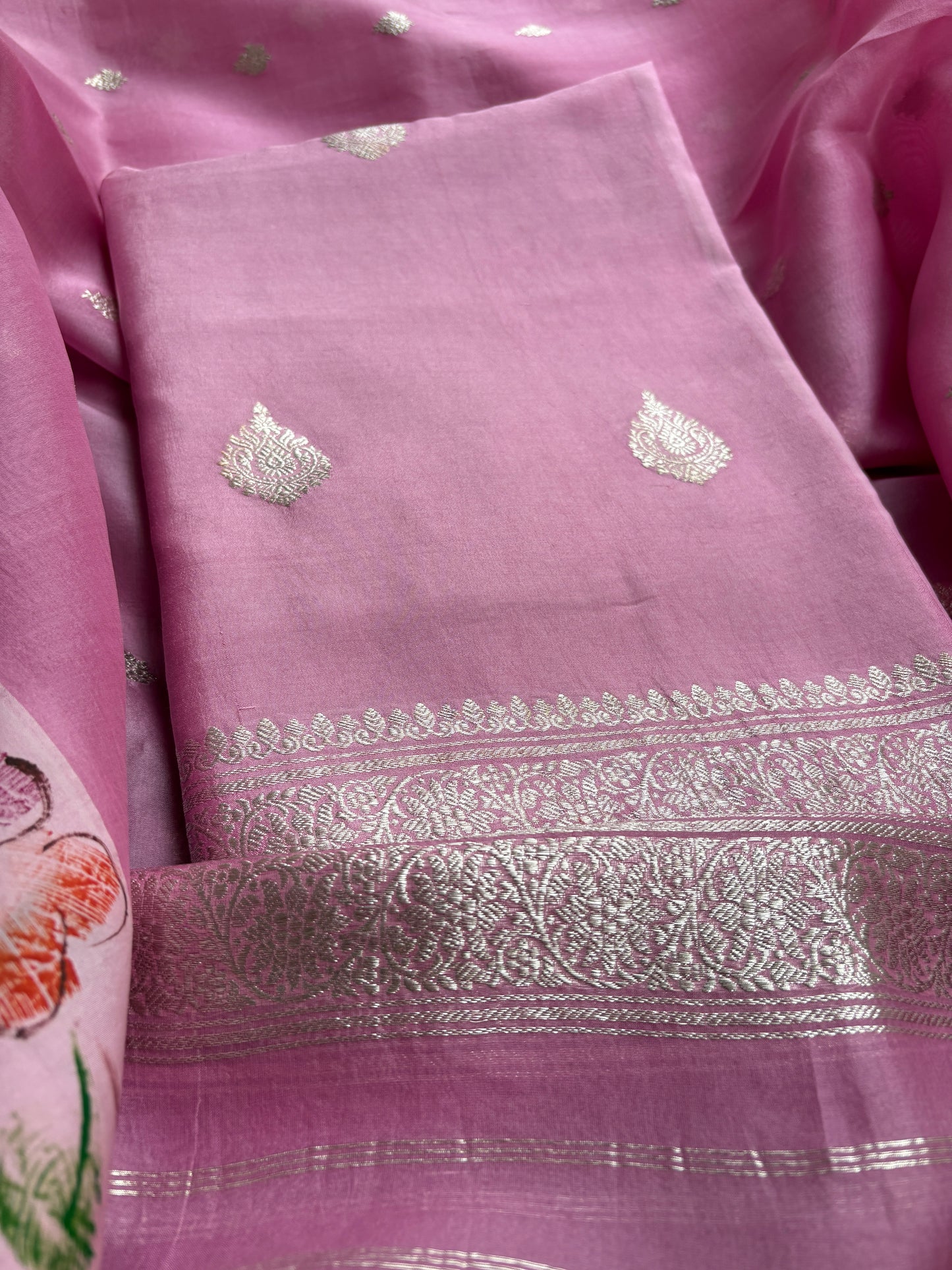 Pink silver zari Chiniya kora suit set