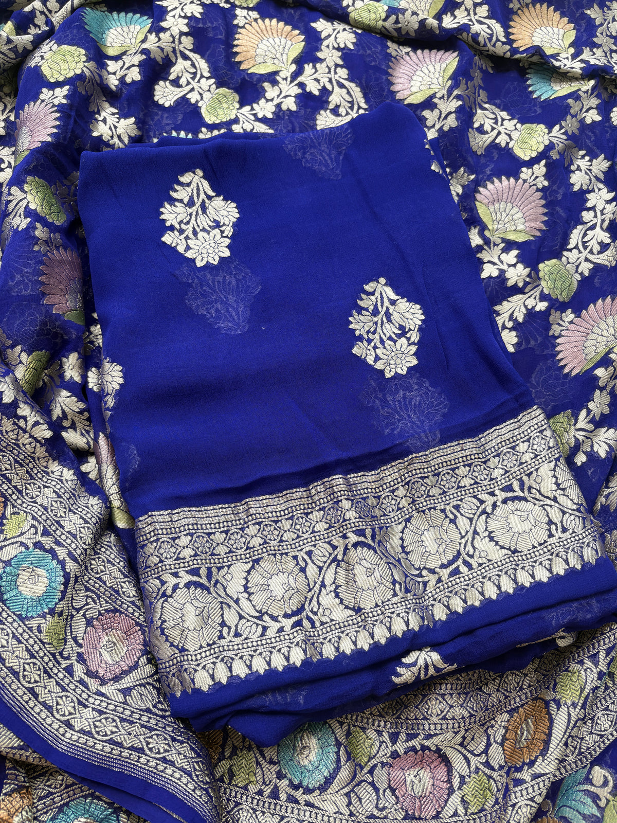 Blue Khaddi georgette suit set with meenadar dupatta