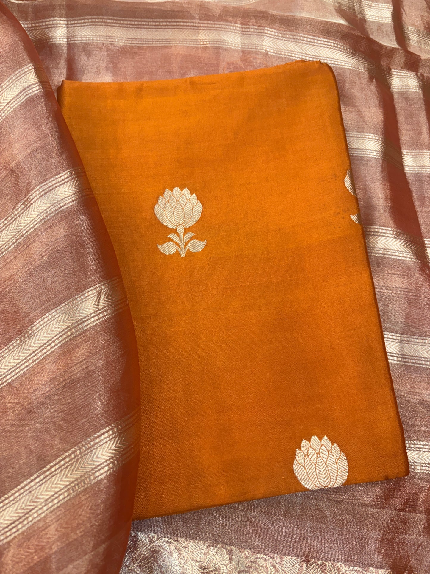 Orange Chiniya silk suit with tissue dupatta