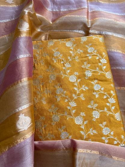 Yellow Chiniya silk kurta bottom and kora tissue dupatta