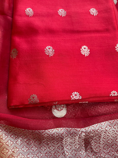 Red chiniya silk kurta, kora silk dupatta, plain bottom