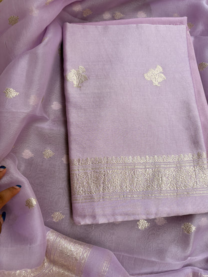 Lavender Chiniya silk silver zari 3 piece suit set