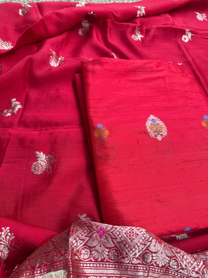 Red raw silk meenadar kurta, chiniya silk dupatta, plain raw silk bottom.
