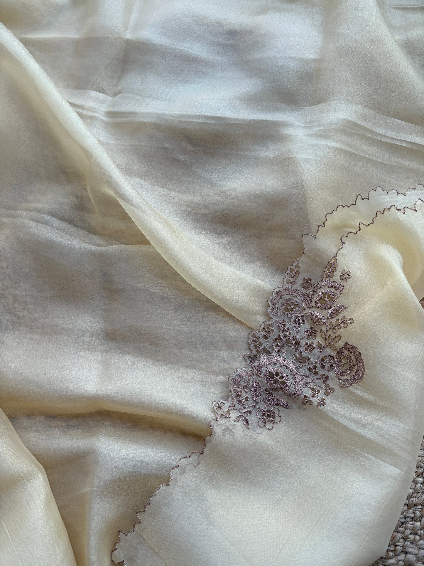 Yellow tissue silk hand embroidered suit set