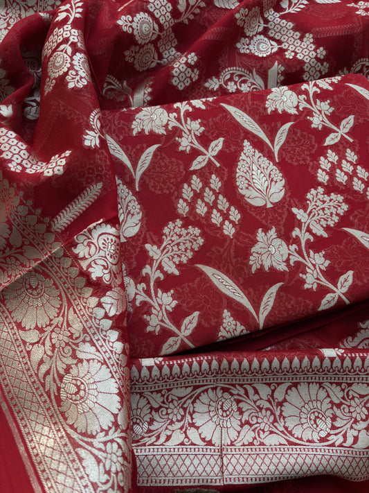 Red Khaddi georgette handwoven suit set