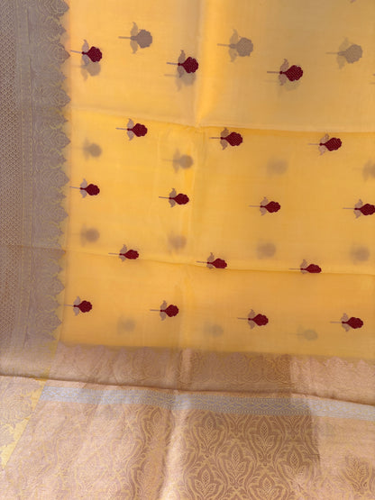 Yellow red meenadar kora silk saree