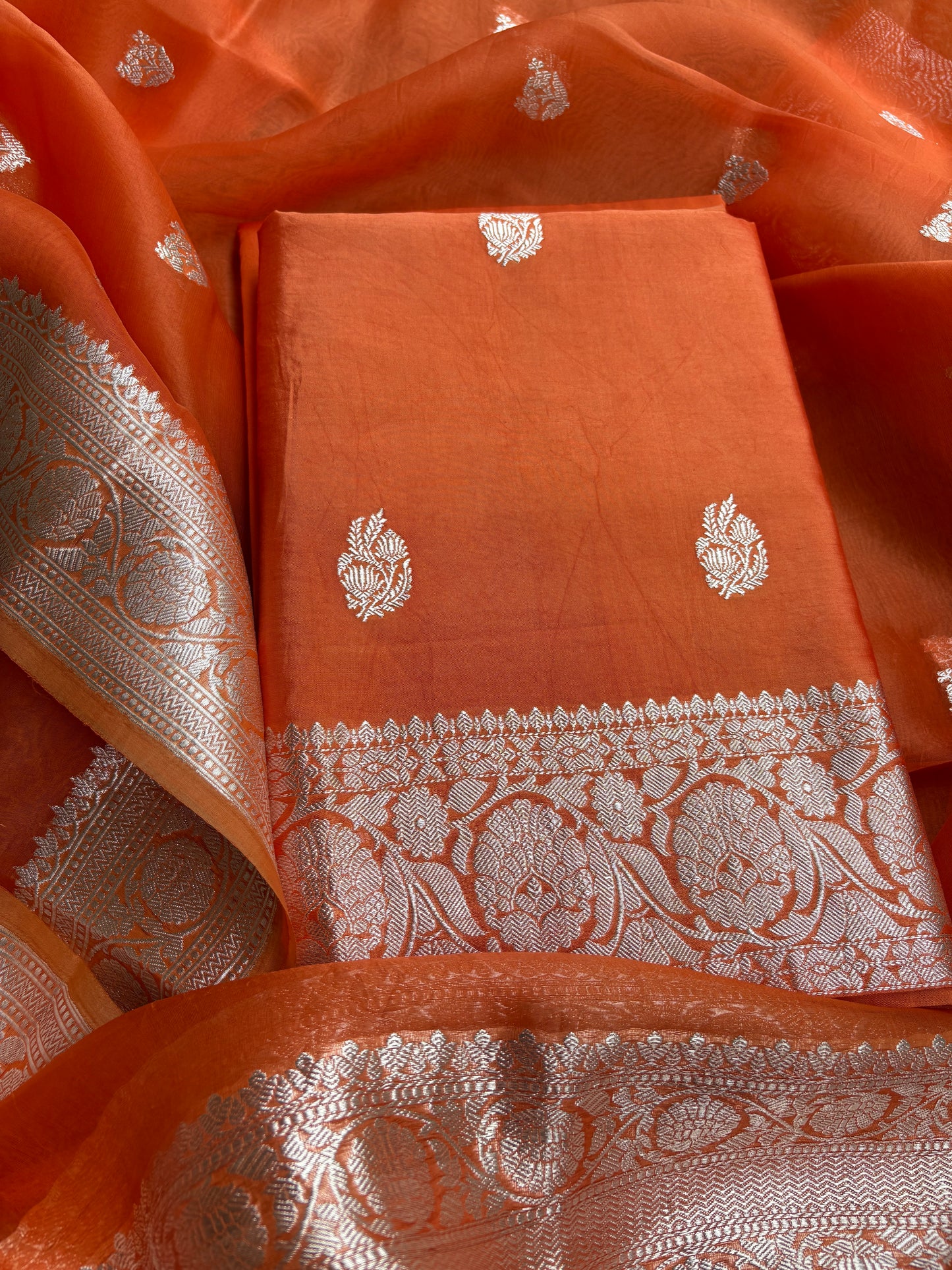 Orange Chiniya kora silver zari suit set